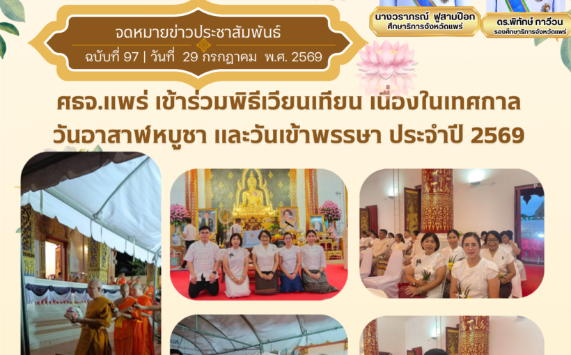 ศึกษาธิการจังหวัดแพร่ เข้าร่วมพิธีเวียนเทียน เนื่องในเทศกาลวันอาสาฬหบูชา และวันเข้าพรรษา ประจำปี 2569