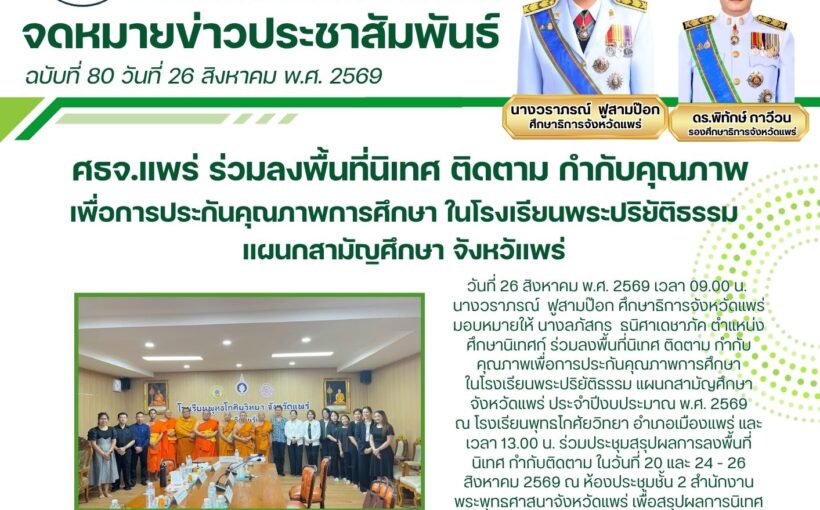 ศึกษาธิการจังหวัดแพร่ ร่วมลงพื้นที่นิเทศ ติดตาม กำกับคุณภาพเพื่อการประกันคุณภาพการศึกษา ในโรงเรียนพระปริยัติธรรม แผนกสามัญศึกษา จังหวัดแพร่ ประจำปีงบประมาณ พ.ศ. 2569