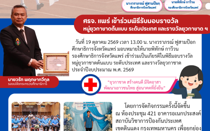 ศธจ. แพร่ เข้าร่วมพิธีรับมอบรางวัลหมู่ยุวกาชาดต้นแบบ ระดับประเทศ และรางวัลยุวกาชาด ฯ