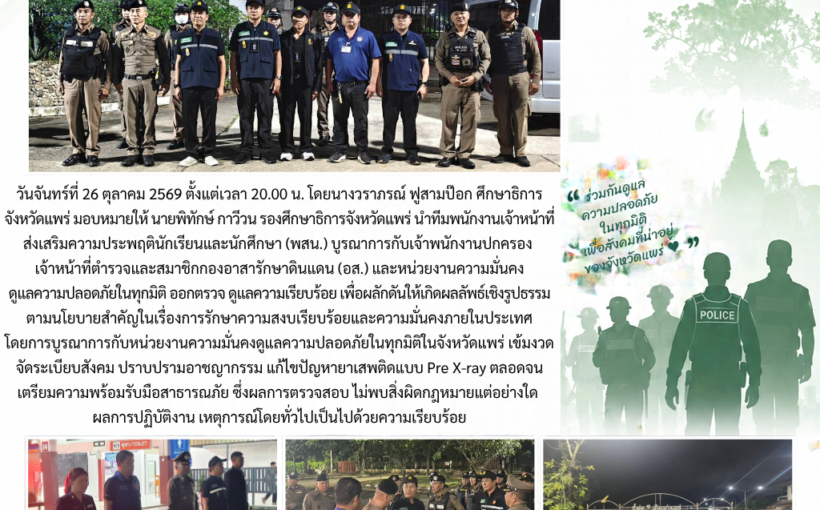 จังหวัดแพร่ โดยศูนย์เสมารักษ์ สำนักงานศึกษาธิการจังหวัดแพร่ ร่วมบูรณาการกับปกครองจังหวัดแพร่ สมาชิก อส. เจ้าที่ตำรวจและหน่วยงานความมั่นคงดูแลความปลอดภัยในทุกมิติ ออกตรวจความเรียบร้อยตามสถานบริการและจุดเสี่ยงในพื้นที่ ดังนี้1.หลังสถานีขนส่งจังหวัดแพร่2.น้ำคือ 13.น้ำคือหลังพระสังกัจจายน์
